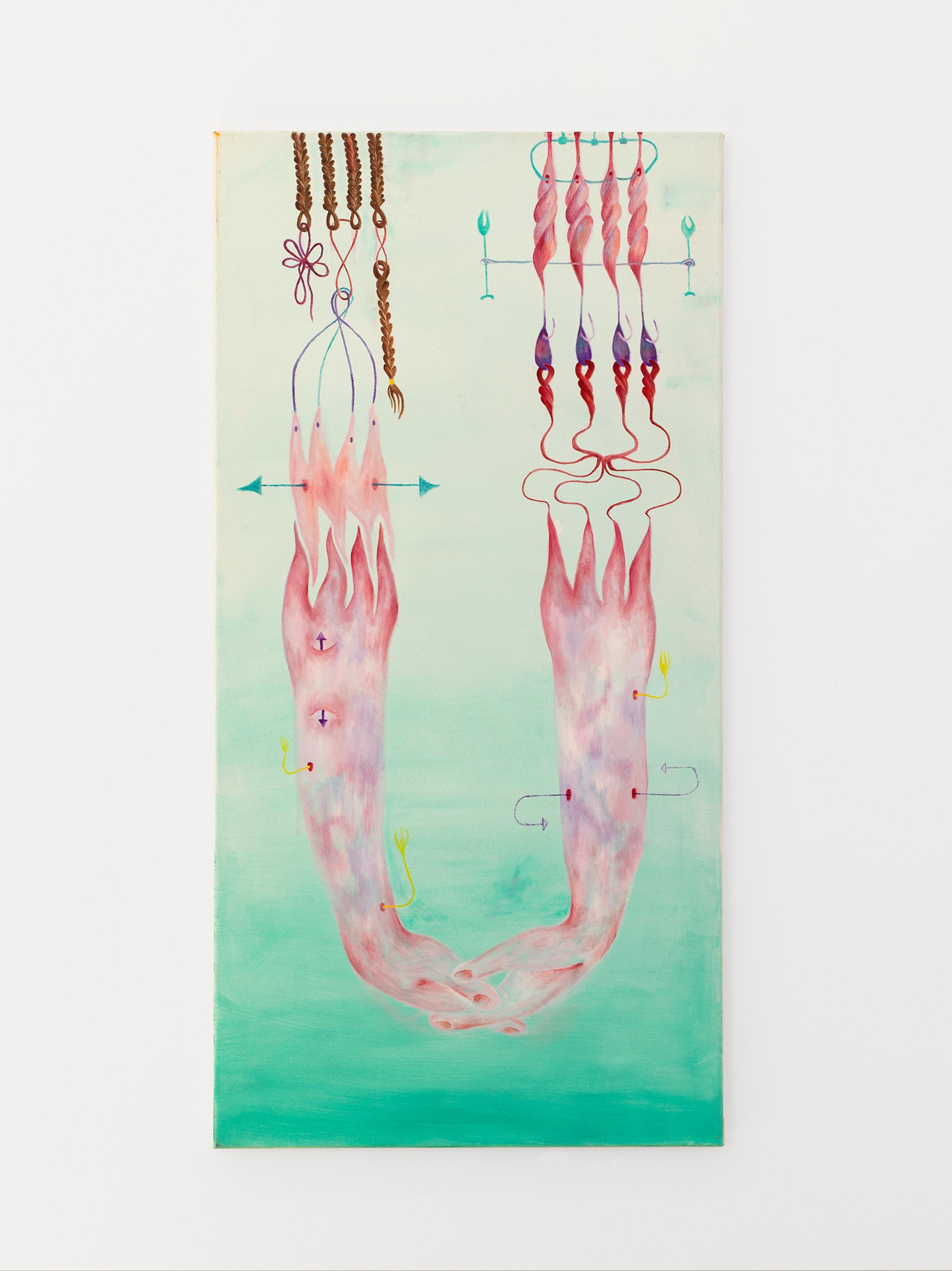 Exhibition View Duo Show «Komorbide Monde; view on Melisa Sabir, Randomisierte Sphären Studie, Oil on Canvas, 110 × 55 cm, 2020» at Kirchgasse Gallery, Steckborn, 2022 / Photo: Cedric Mussano / Courtesy: the artists and Kirchgasse Gallery