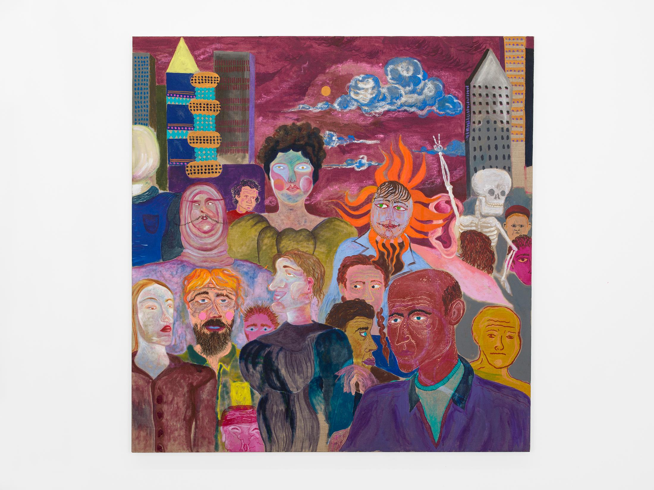 Exhibition View Duo Show «Komorbide Monde; view on Melisa Sabir & Abel Auer, Die Mültitude, Acryl and Oil on Canvas, 125 × 120 cm, 2022» at Kirchgasse Gallery, Steckborn, 2022 / Photo: Cedric Mussano / Courtesy: the artists and Kirchgasse Gallery