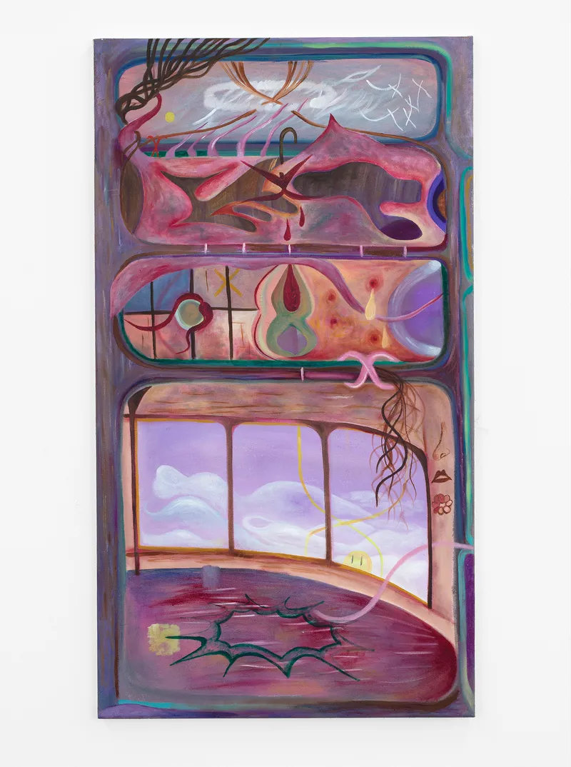 Exhibition View Duo Show «Komorbide Monde; view on Melisa Sabir, untitled, Oil on Canvas, 90 × 50 cm, 2021» at Kirchgasse Gallery, Steckborn, 2022 / Photo: Cedric Mussano / Courtesy: the artists and Kirchgasse Gallery