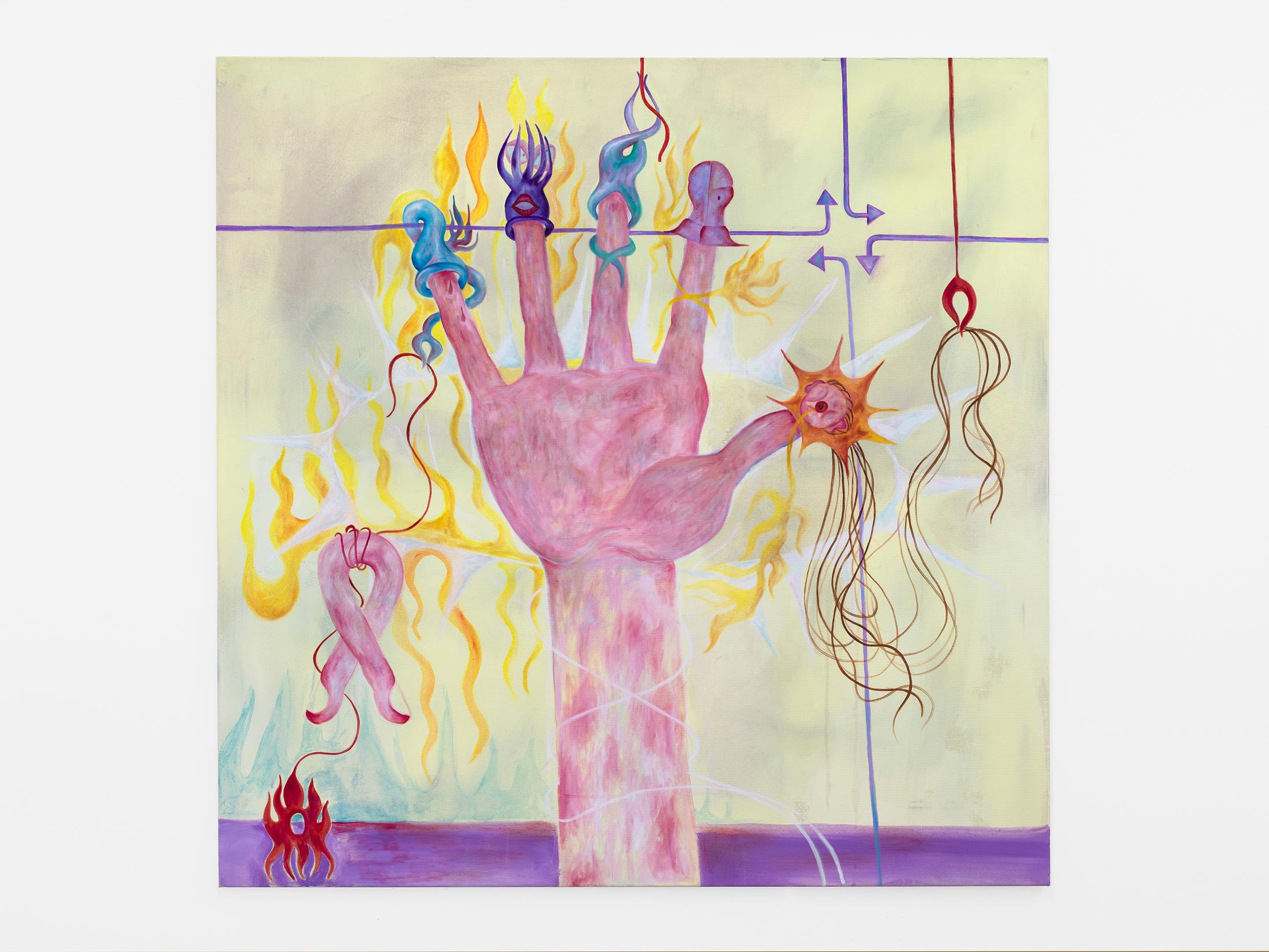 Exhibition View Duo Show «Komorbide Monde; view on Melisa Sabir, Prozesse, Oil on Canvas, 135 × 135 cm, 2021» at Kirchgasse Gallery, Steckborn, 2022 / Photo: Cedric Mussano / Courtesy: the artists and Kirchgasse Gallery