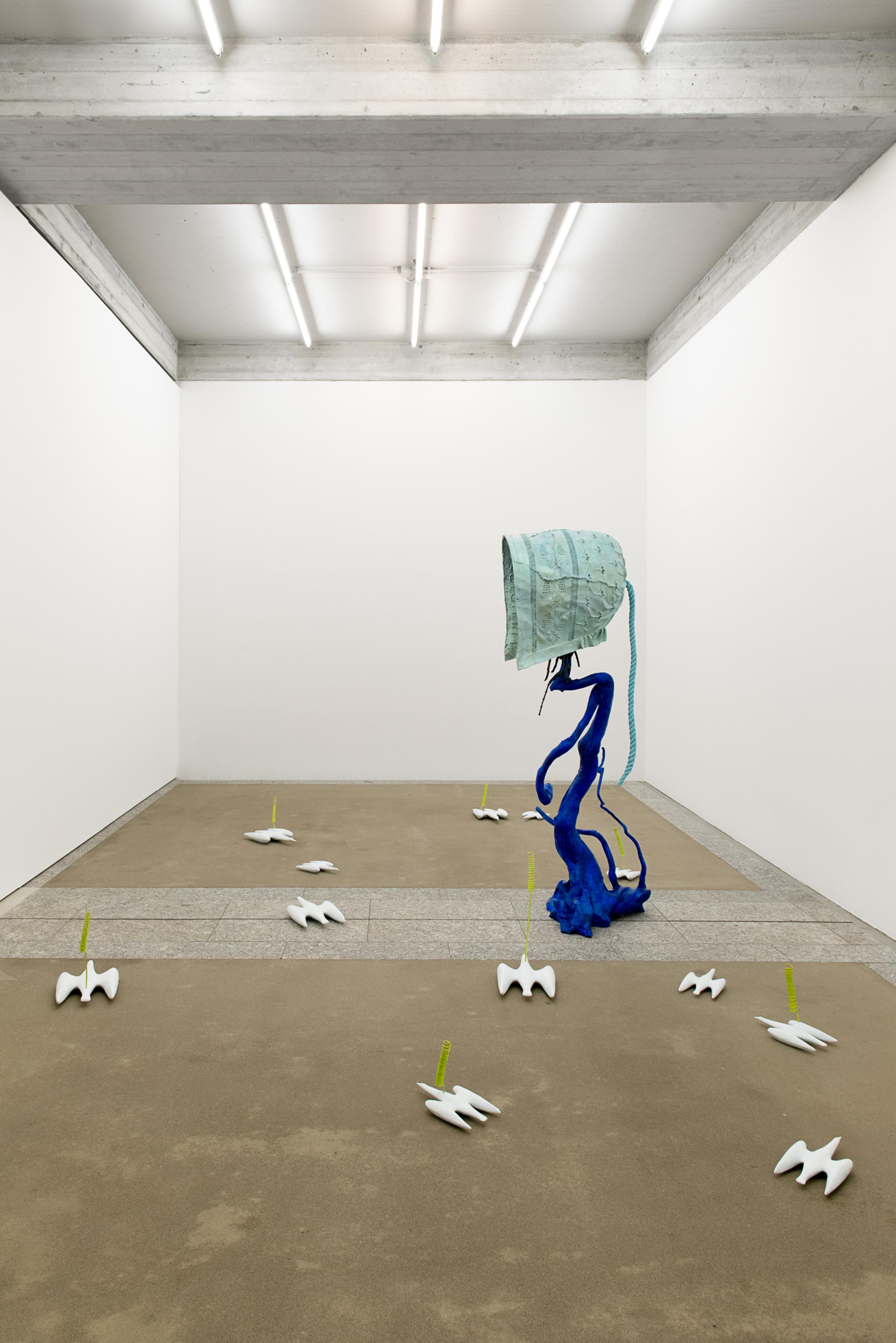 Exhibition View Groupshow «Metamorphosis Overdrive; view on Guan Xiao, Lulubird slowly dipped her tongue into the ice cream, waited until it started buzzing, 2020» at Kunstmuseum St. Gallen, St. Gallen, 2020 / Photo: Sebastian Stadler / Courtesy: the artist and Kunstmuseum St. Gallen