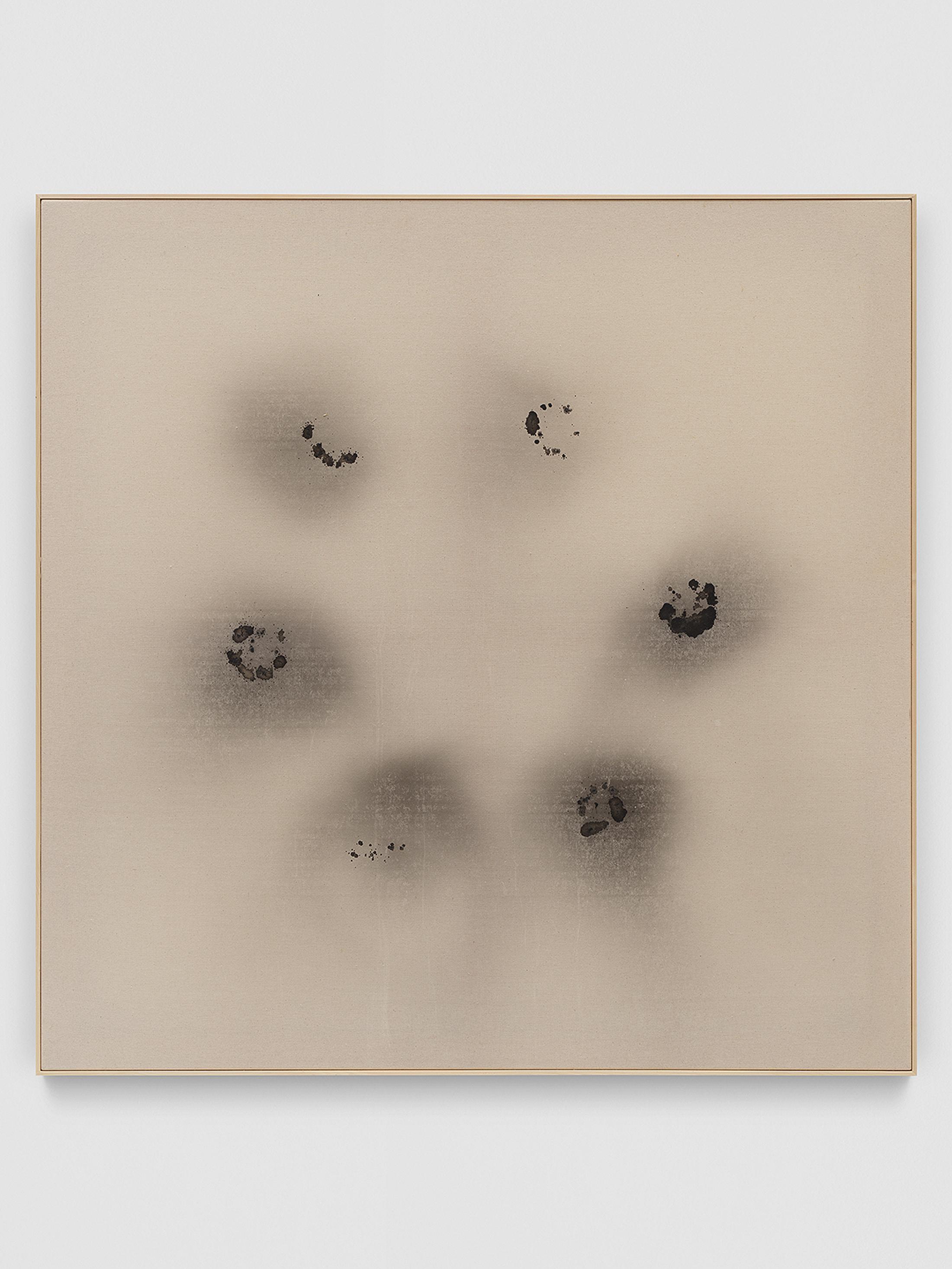 Exhibition View Mirko Baselgia Solo Show «IMAGINE A WHITE SURFACE WITH IRREGULAR BLACK SPOTS; view on Mirko Baselgia, Coprinus Comatus - Circle, 2020, Coprinus comatus ink on canvas, 77 x 55 x 3,3 cm» at Galerie Heinzer Reszler, Lausanne, 2021 / Photo: © Stefan Alternburger / Courtesy: the artist and Galerie Heinzer Reszler
