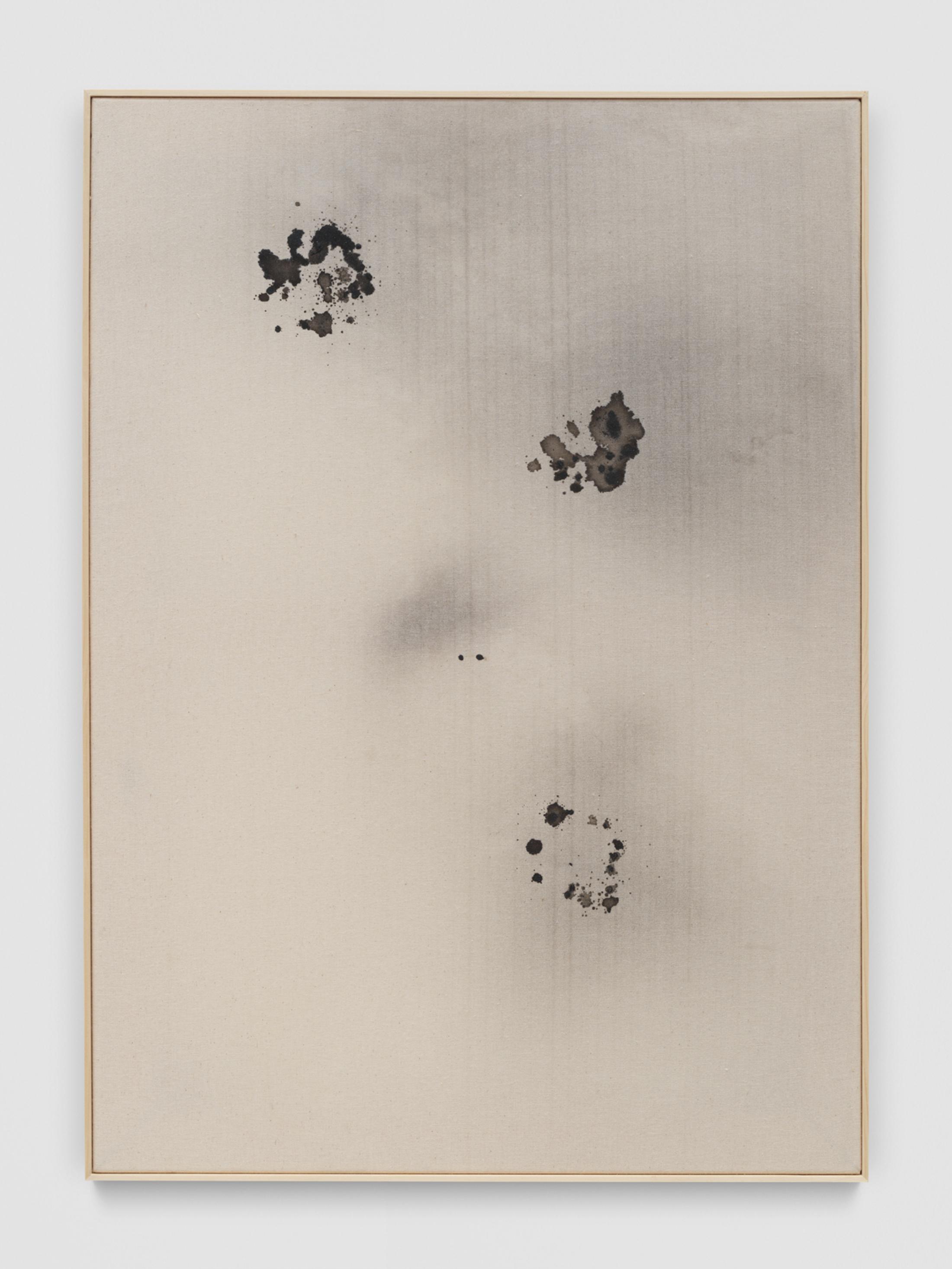Exhibition View Mirko Baselgia Solo Show «IMAGINE A WHITE SURFACE WITH IRREGULAR BLACK SPOTS; view on Mirko Baselgia, Coprinus Comatus - Four in the field, 2020, Coprinus comatus ink on canvas, 77 x 55 x 3,3 cm» at Galerie Heinzer Reszler, Lausanne, 2021 / Photo: © Stefan Alternburger / Courtesy: the artist and Galerie Heinzer Reszler