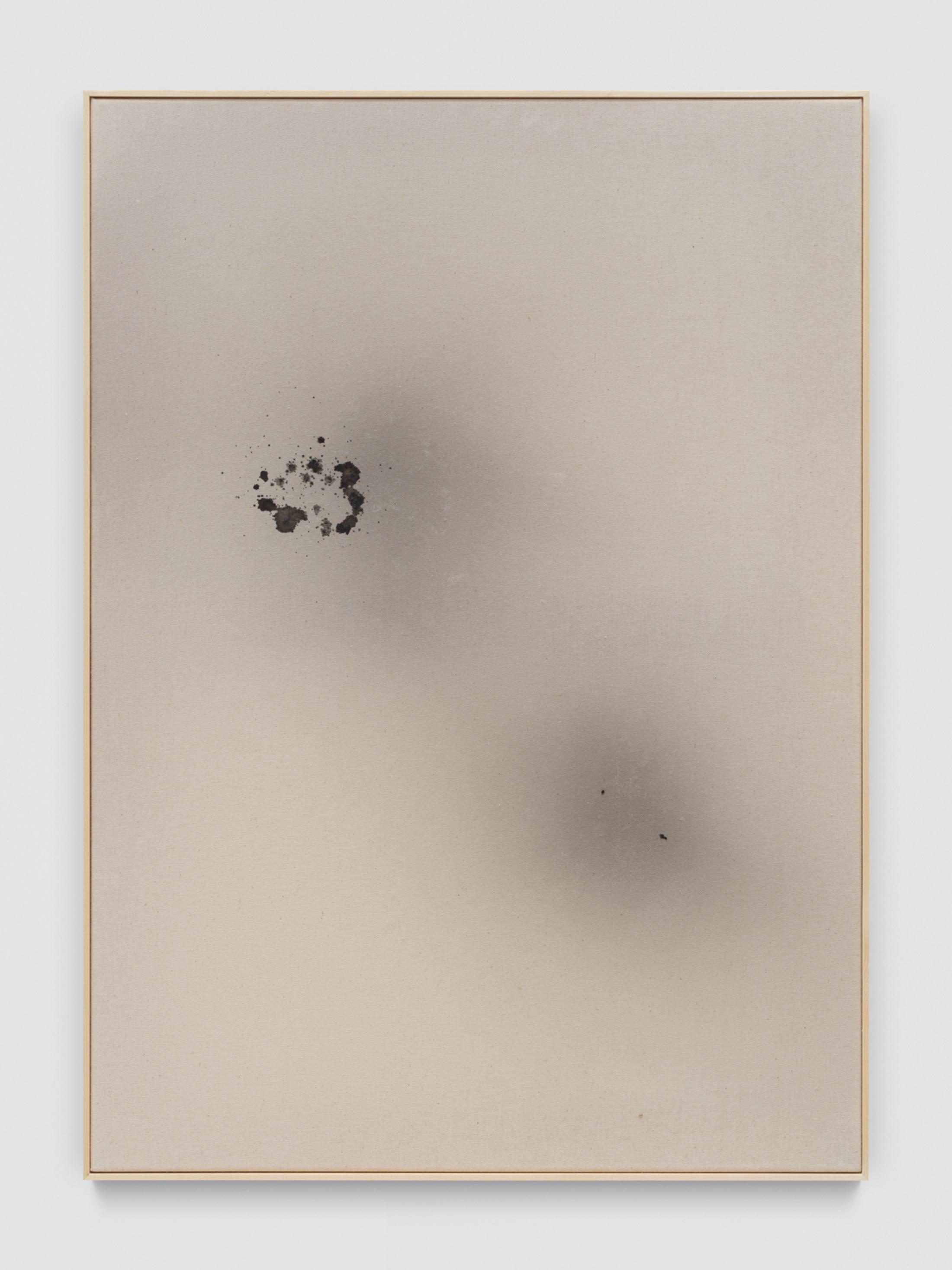 Exhibition View Mirko Baselgia Solo Show «IMAGINE A WHITE SURFACE WITH IRREGULAR BLACK SPOTS; view on Mirko Baselgia, Coprinus Comatus - Hierarchy, 2020, Coprinus comatus ink on canvas, 77 x 55 x 3,3 cm» at Galerie Heinzer Reszler, Lausanne, 2021 / Photo: © Stefan Alternburger / Courtesy: the artist and Galerie Heinzer Reszler