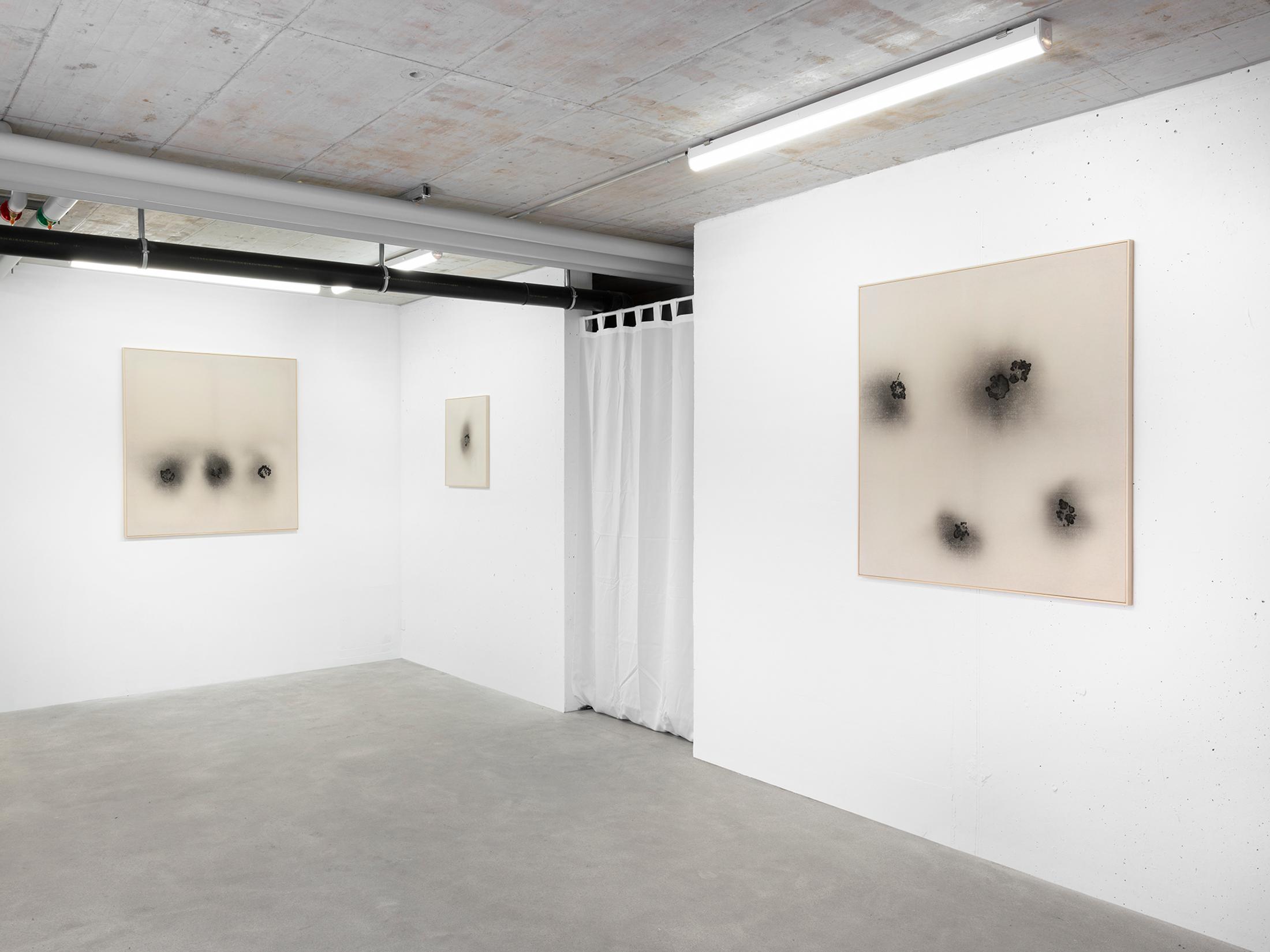 Exhibition View Mirko Baselgia Solo Show «IMAGINE A WHITE SURFACE WITH IRREGULAR BLACK SPOTS» at Galerie Heinzer Reszler, Lausanne, 2021 / Photo: © Julien Gremaud / Courtesy: the artist and Galerie Heinzer Reszler
