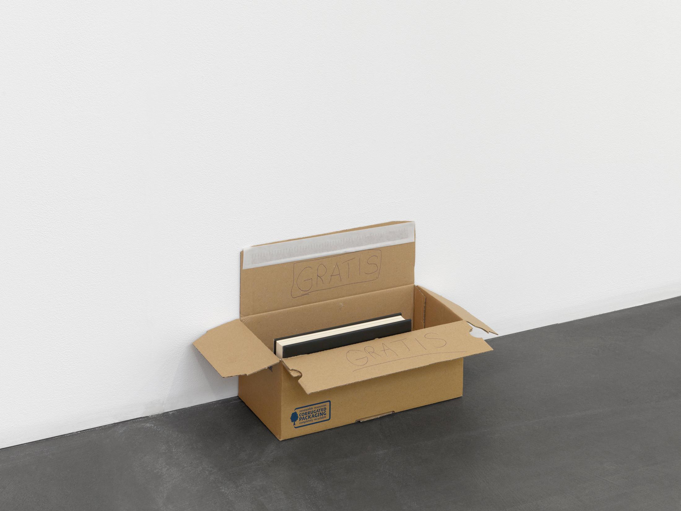Exhibition View Mitchell Anderson Solo Show «Partial Gift; view on Mitchell Anderson, Gratis box piece, 2020, Fly-tip situation, Gerhardstrasse, Zurich, 24 x 41 x 24 cm» at Galerie Maria Bernheim, Zurich, 2020 / Photo: Annik Wetter / Courtesy: the artist and Galerie Maria Bernheim