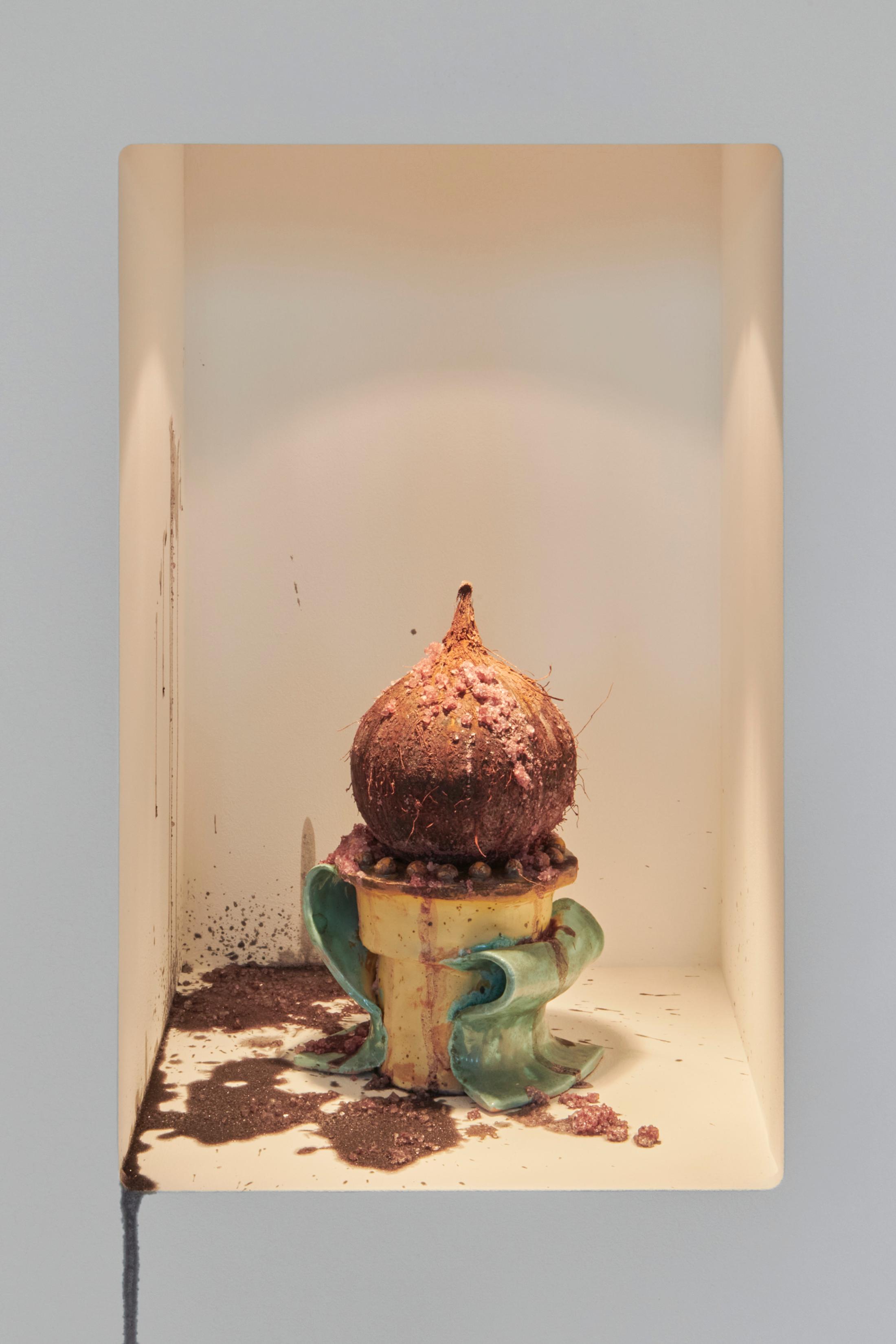 Exhibition View Monika Emmanuelle Kazi Solo Show «La cour des grands; view on Monika Emmanuelle Kazi, La boisson (Detail), 2022» at Kunsthalle Friart, Fribourg, 2022 / Photo: Guillaume Python / Courtesy: the artist and Kunsthalle Friart