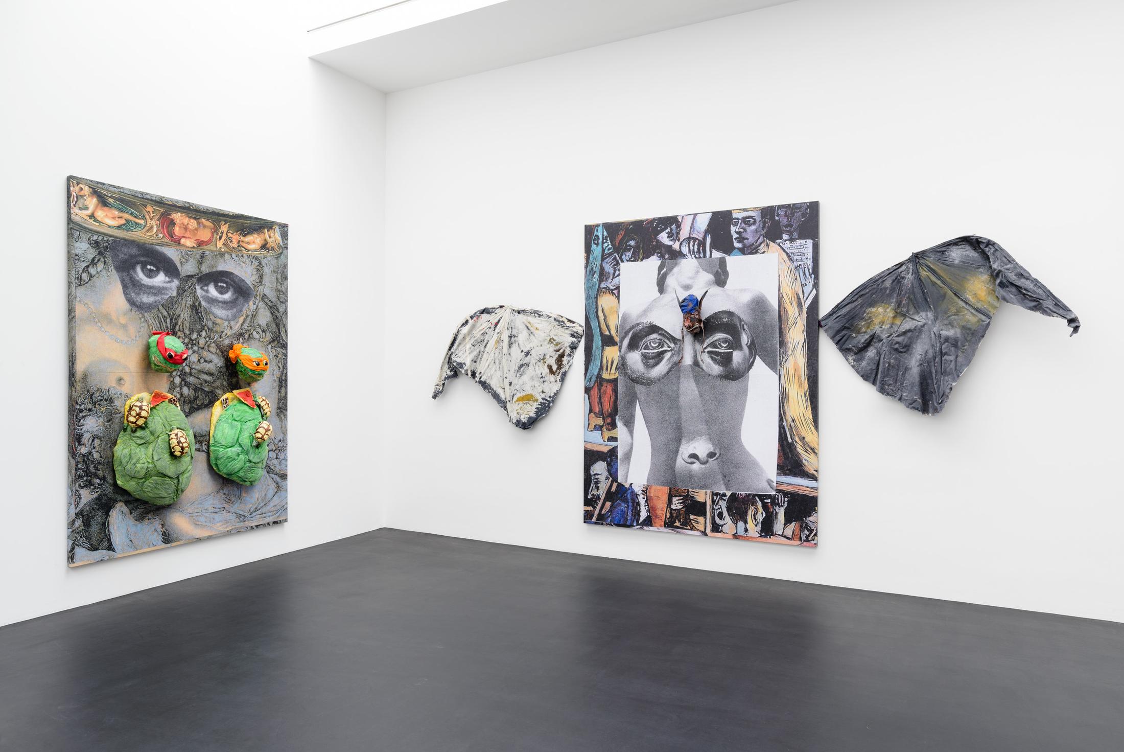 Exhibition View Monster Chetwynd Soloshow «Either This Coat’s Inhabited or I’m Inhibited; Ninja Turtles, 2019 and Where is God (the Bat), 2019» at Galerie Gregor Staiger / Courtesy: the artist and Galerie Gregor Staiger