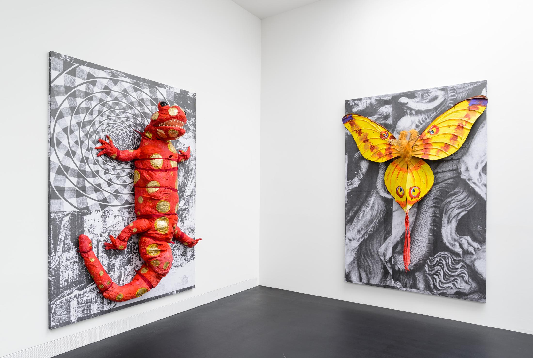 Exhibition View Monster Chetwynd Soloshow «Either This Coat’s Inhabited or I’m Inhibited; view on Salamander, 2019 and Comet Moth, 2019» at Galerie Gregor Staiger / Courtesy: the artist and Galerie Gregor Staiger