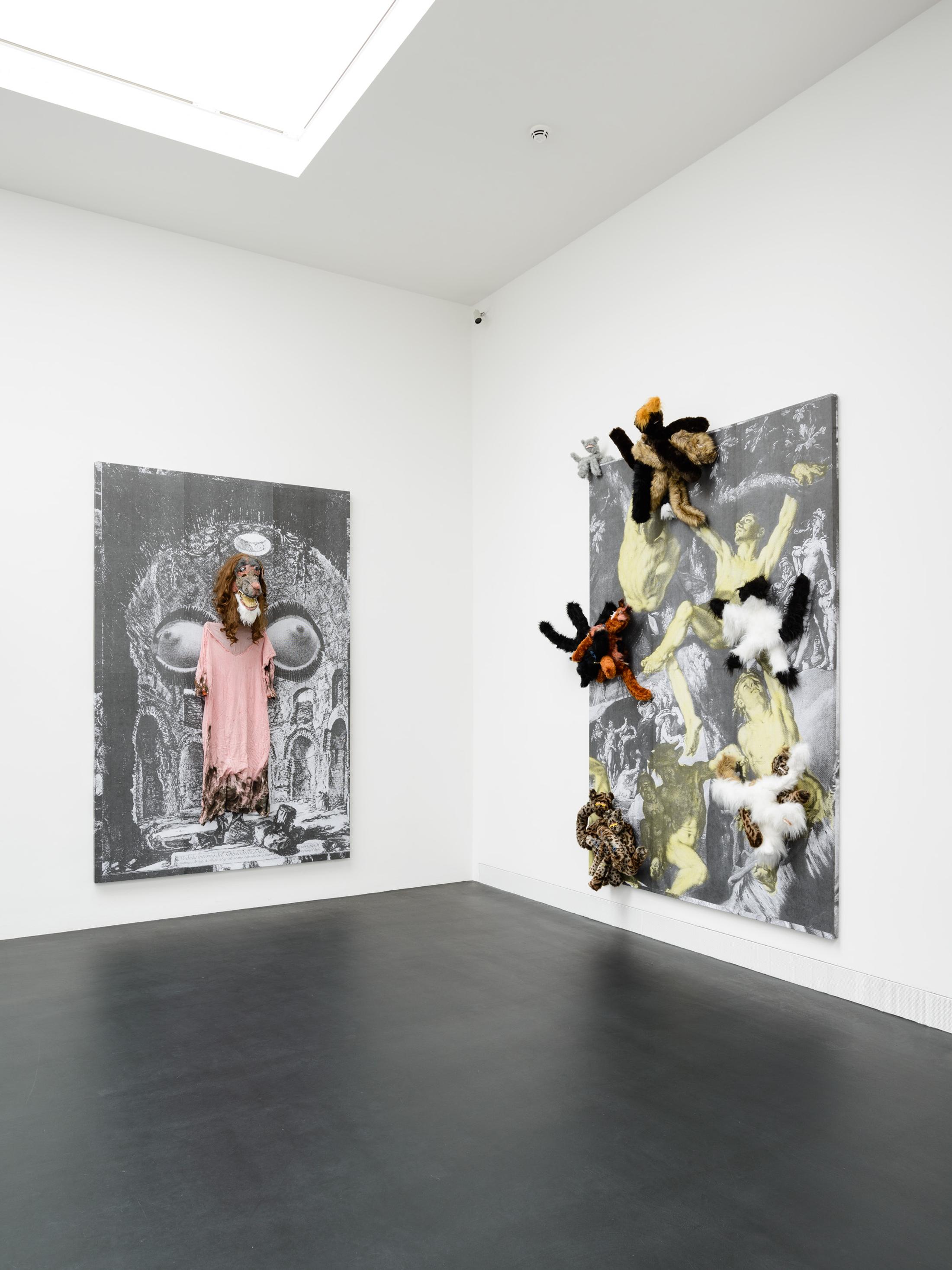 Exhibition View Monster Chetwynd Soloshow «Either This Coat’s Inhabited or I’m Inhibited; view on Splinter, 2019 and Cat Fight (The Deluge), 2019» at Galerie Gregor Staiger / Courtesy: the artist and Galerie Gregor Staiger