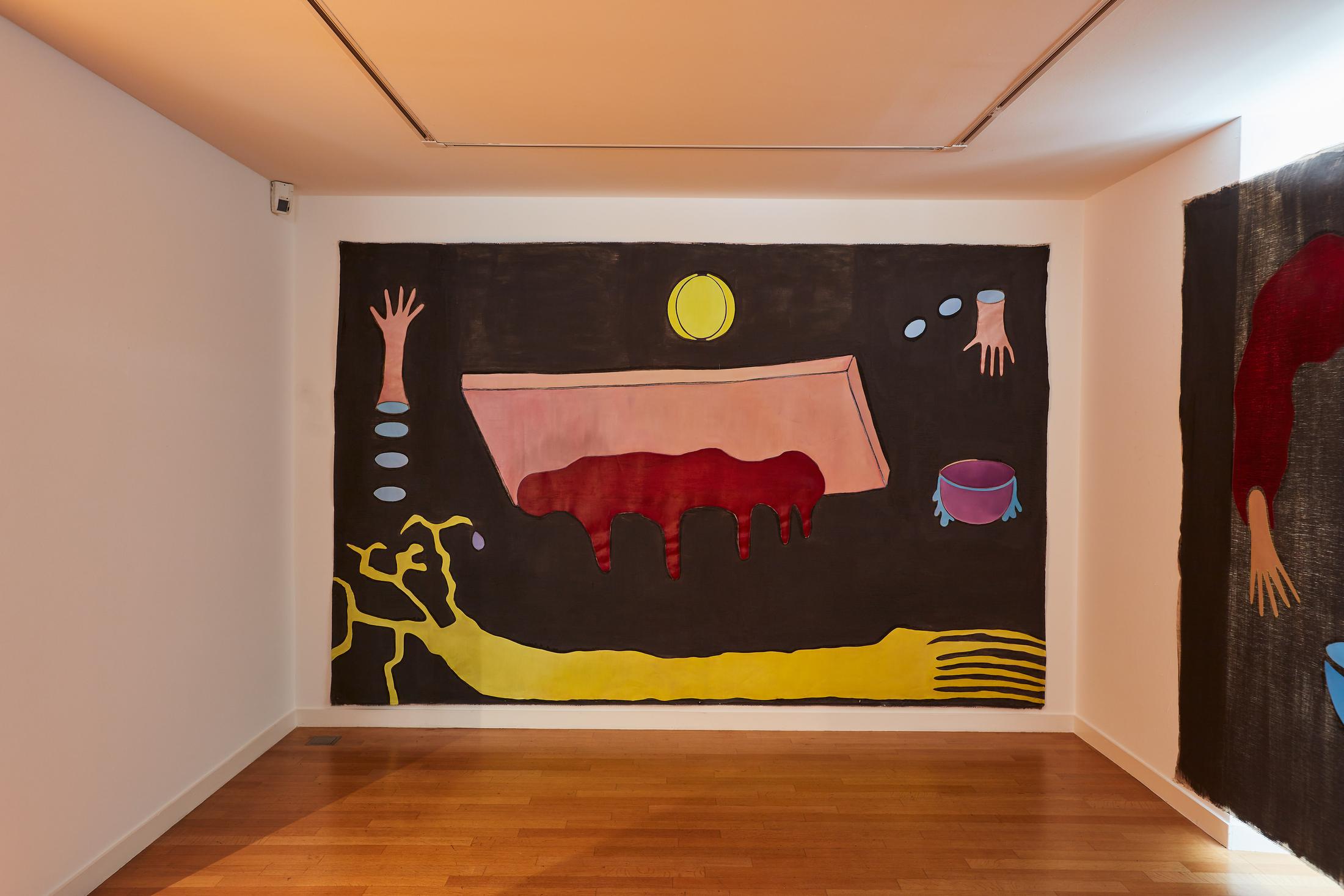 Exhibition View Groupshow «Motor; view on Inka Ter Haar, The Garden (1 of 6), oil on canvas, 330 x 210 cm, 2020» at Kunstraum Riehen, Riehen, Basel, 2020 / Photo: Moritz Schermbach / Courtesy: the artist