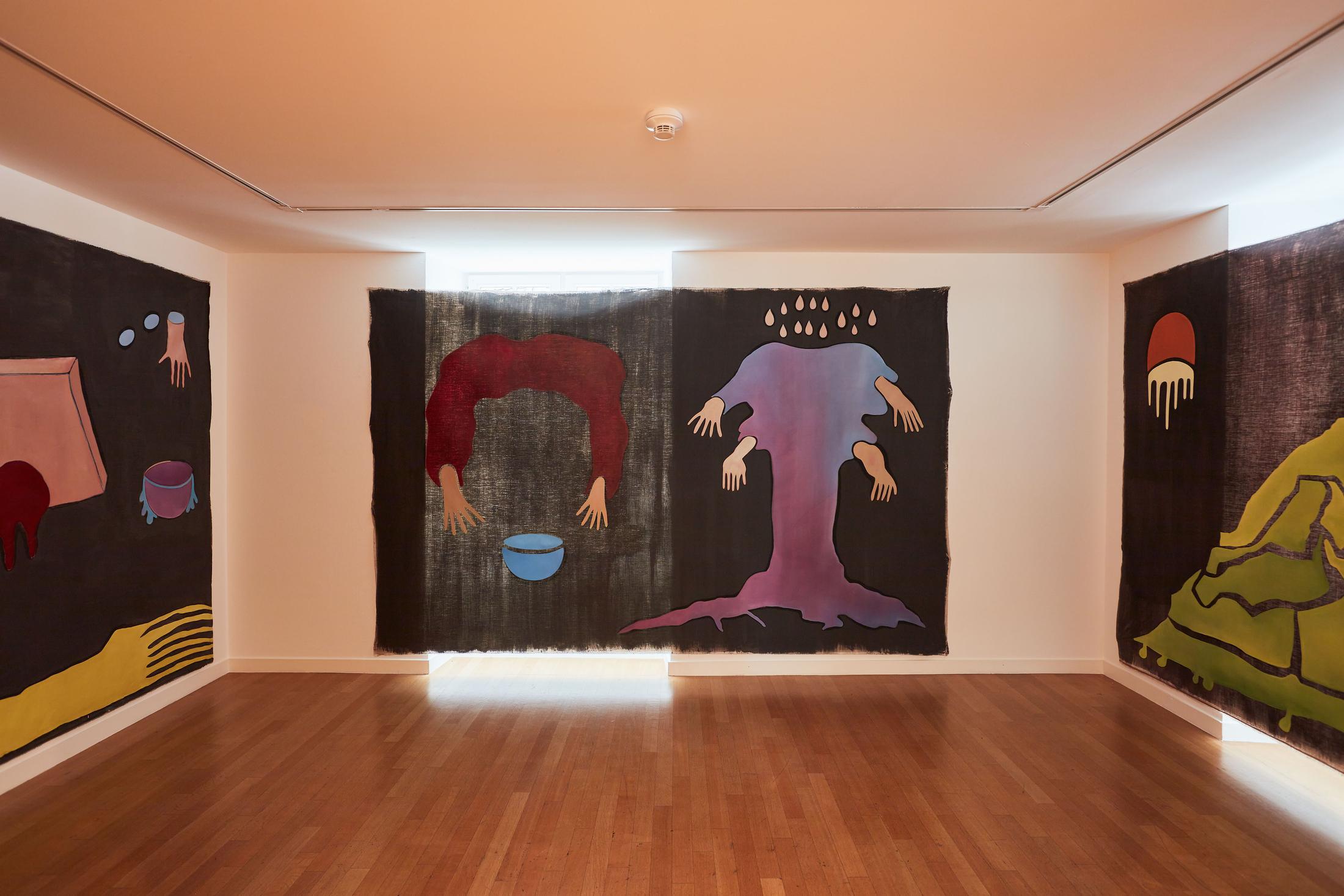 Exhibition View Groupshow «Motor; view on Inka Ter Haar, The Garden (3 of 6), oil on canvas, 330 x 210 cm, 2020» at Kunstraum Riehen, Riehen, Basel, 2020 / Photo: Moritz Schermbach / Courtesy: the artist