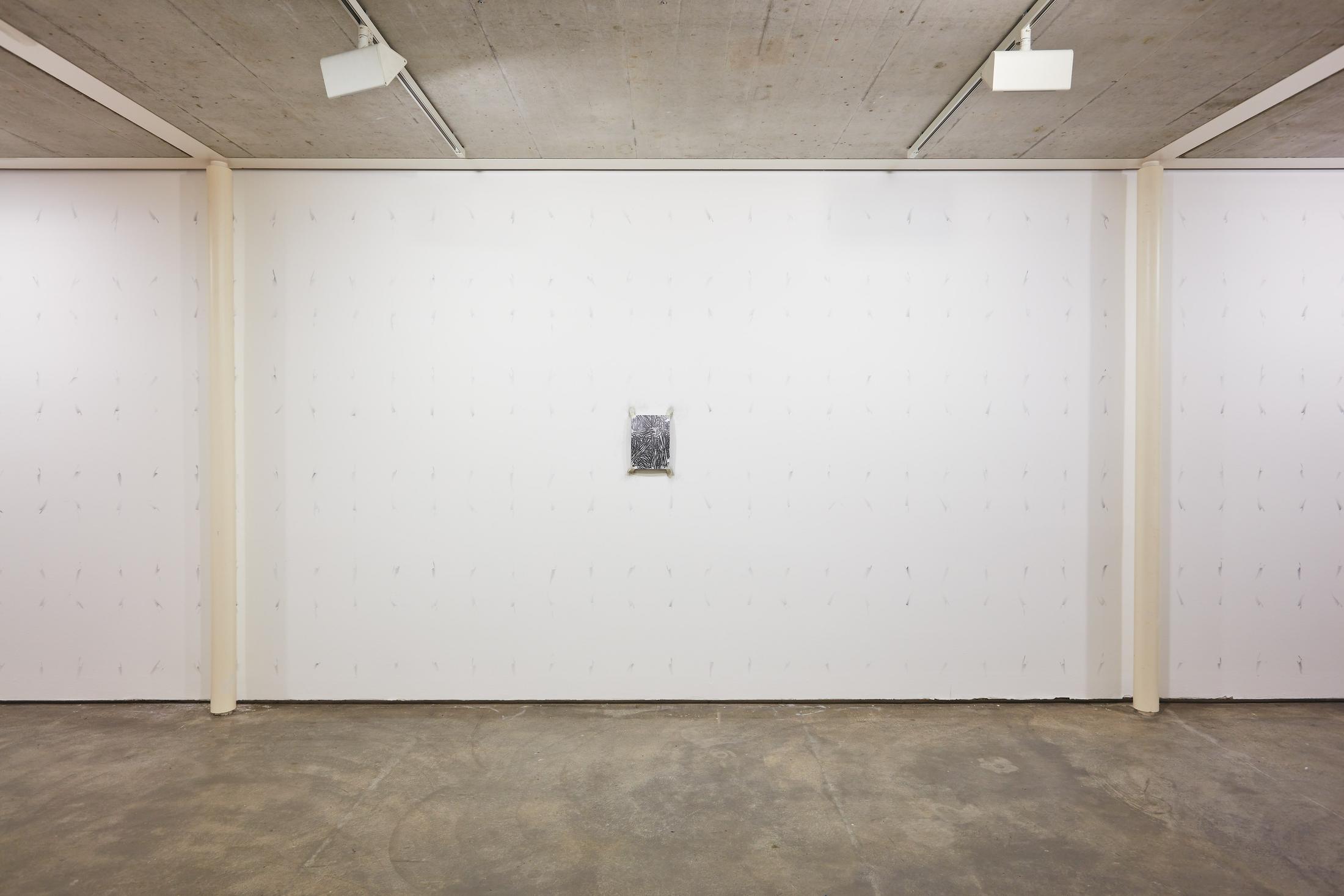 Exhibition View Groupshow «Motor; view on Samuli Blatter, Strange Attractor 13 (Daily Exorcism) batch of 120 drawings, traces on wall, graphite, paper, variable dimensions 2020» at Kunstraum Riehen, Riehen, Basel, 2020 / Photo: Moritz Schermbach / Courtesy: the artist