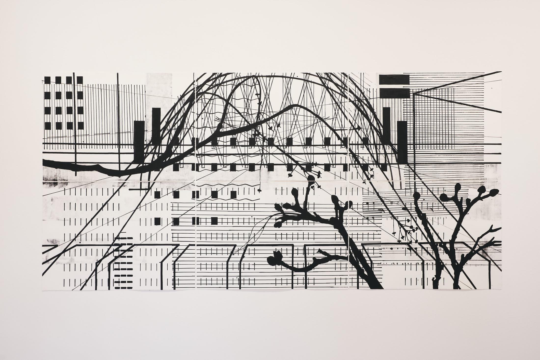 Exhibition View Groupshow «Motor; view on Anna B. Wiesendanger, untitled, acrylic on paper, 315x150cm, 2006» at Kunstraum Riehen, Riehen, Basel, 2020 / Photo: Moritz Schermbach / Courtesy: the artist