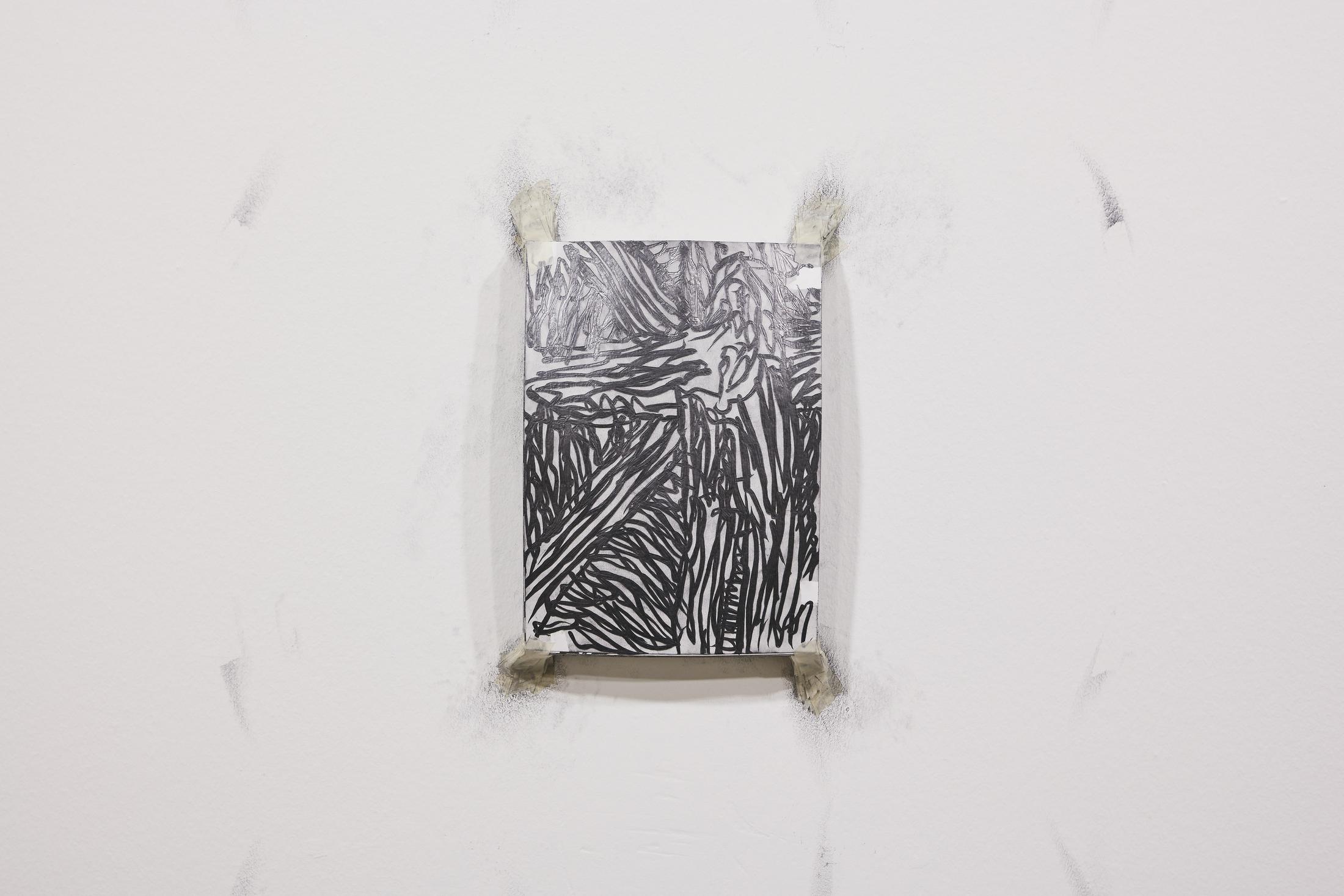 Exhibition View Groupshow «Motor; view on Samuli Blatter, Strange Attractor 13 (Daily Exorcism) batch of 120 drawings, traces on wall, graphite, paper, variable dimensions 2020» at Kunstraum Riehen, Riehen, Basel, 2020 / Photo: Moritz Schermbach / Courtesy: the artist