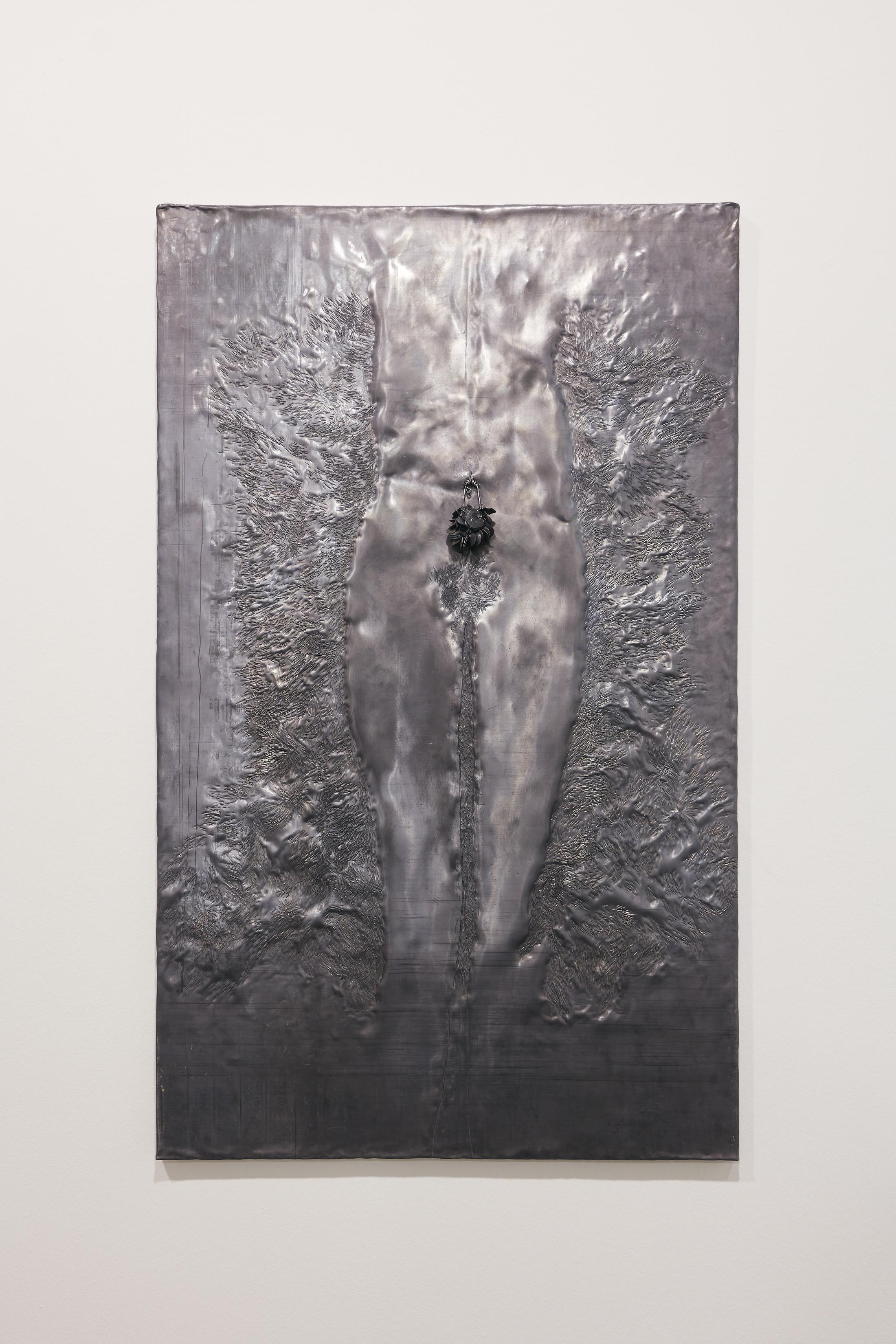 Exhibition View Groupshow «Motor; view on Selina Lutz, Energy VII, lead on wood, 124 x 75 x 2.5 cm, 2020» at Kunstraum Riehen, Riehen, Basel, 2020 / Photo: Moritz Schermbach / Courtesy: the artist