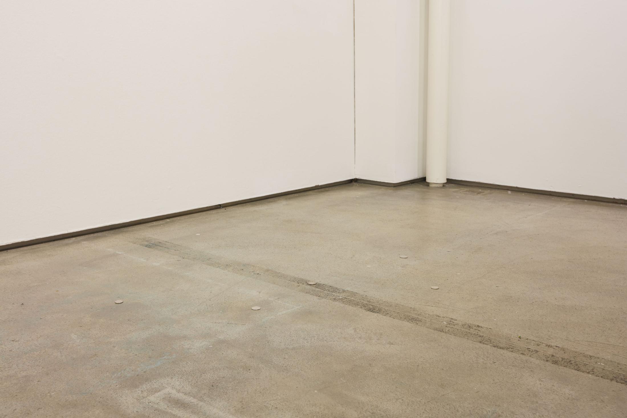 Exhibition View Groupshow «Motor; view on Nico Müller, Constellation (Cassiopeia), coins, double sided tape, 2020» at Kunstraum Riehen, Riehen, Basel, 2020 / Photo: Moritz Schermbach / Courtesy: the artist