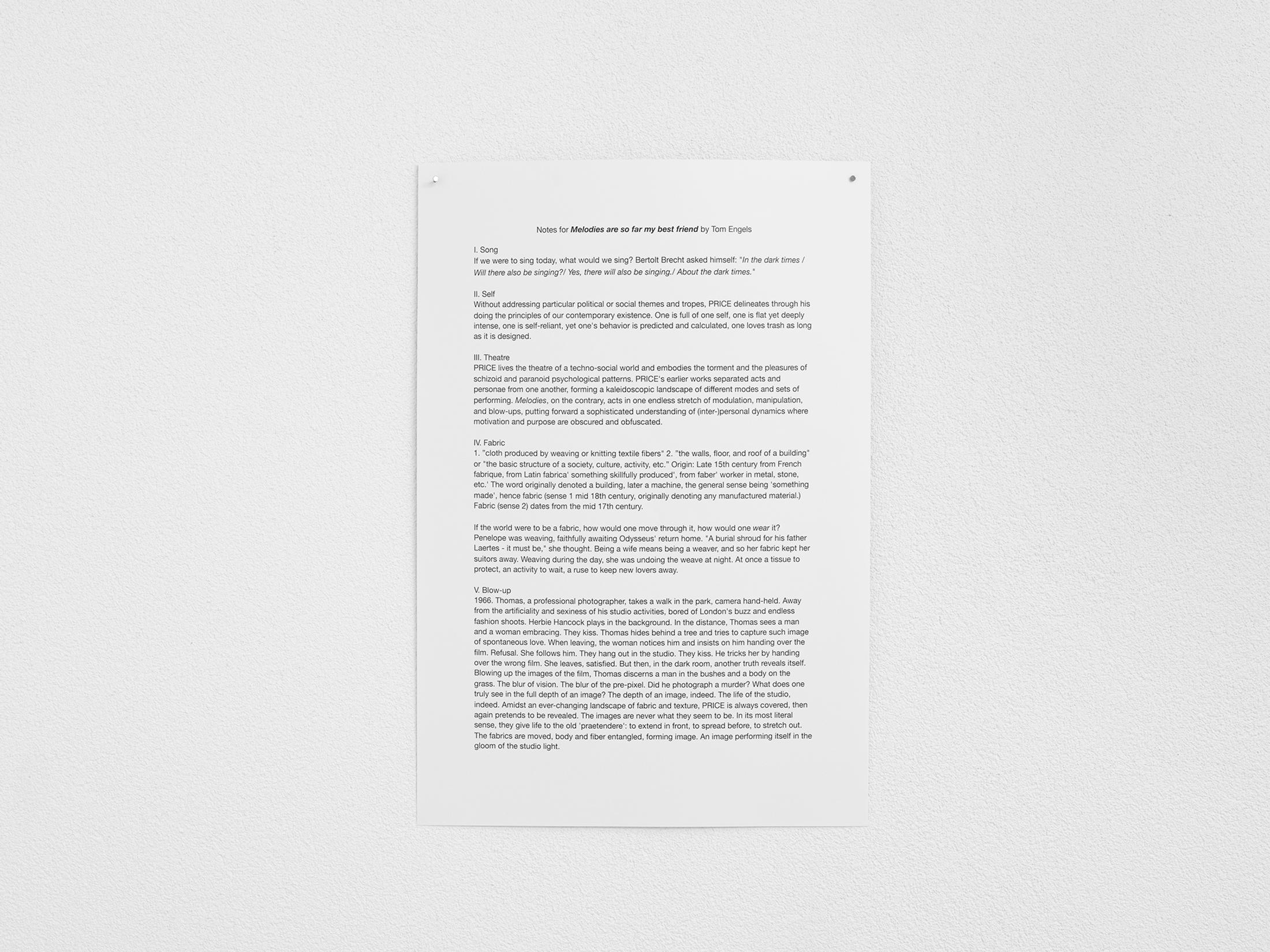 Exhibition View Group Show «Movie Buff; view on PRICE, Notes for Melodies are so far my best friend by Tom Engels, 2021» at All Stars, Lausanne, 2021 / Photo: Julien Gremaud / Courtesy: the artist and All Stars