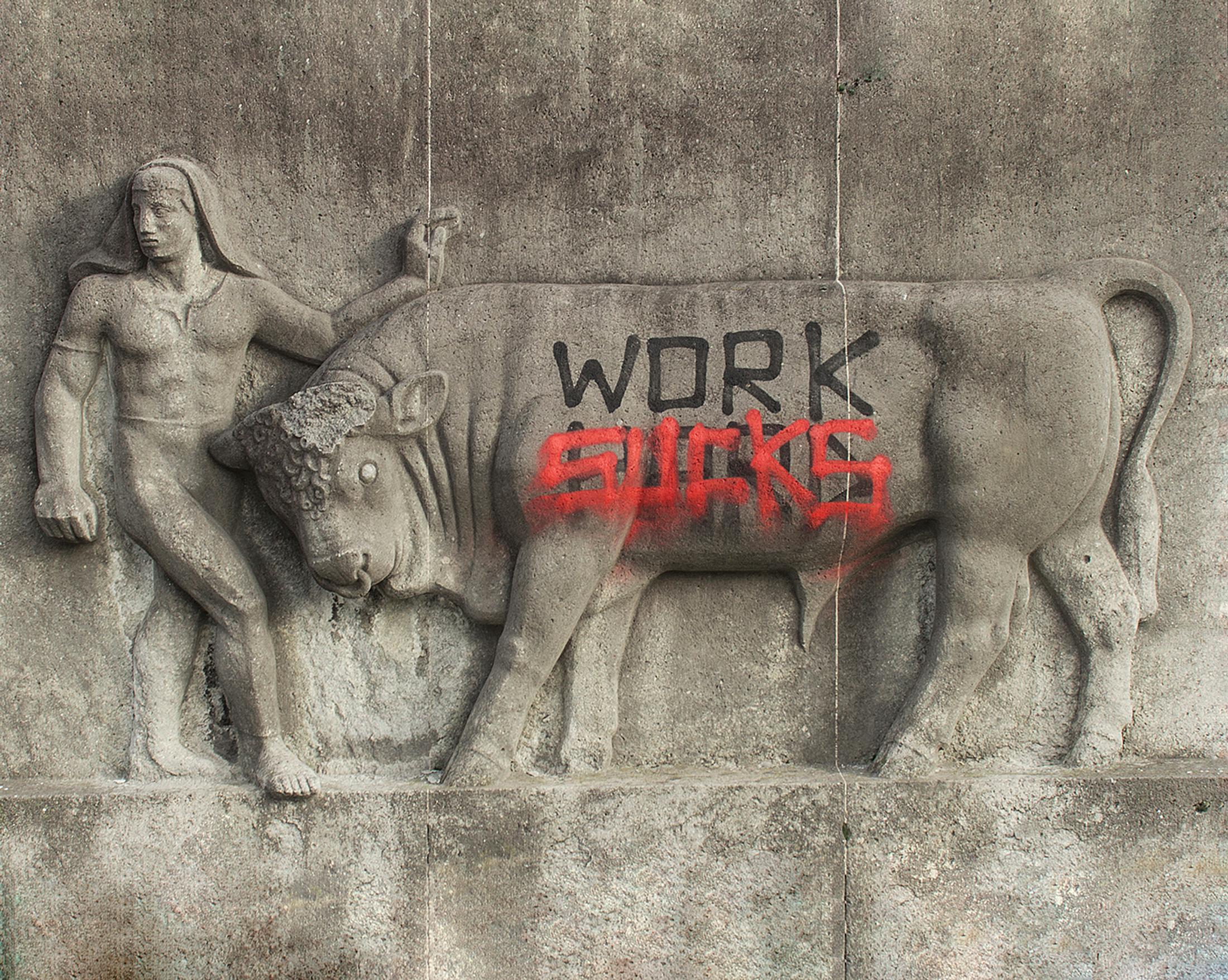 Exhibition View Groupshow «No Joke; view on Gabriele Garavaglia, Work Sucks, 2017» at Milieu, Bern, 2020 / Photo: Claude Barrault / Courtesy: the artists and Milieu