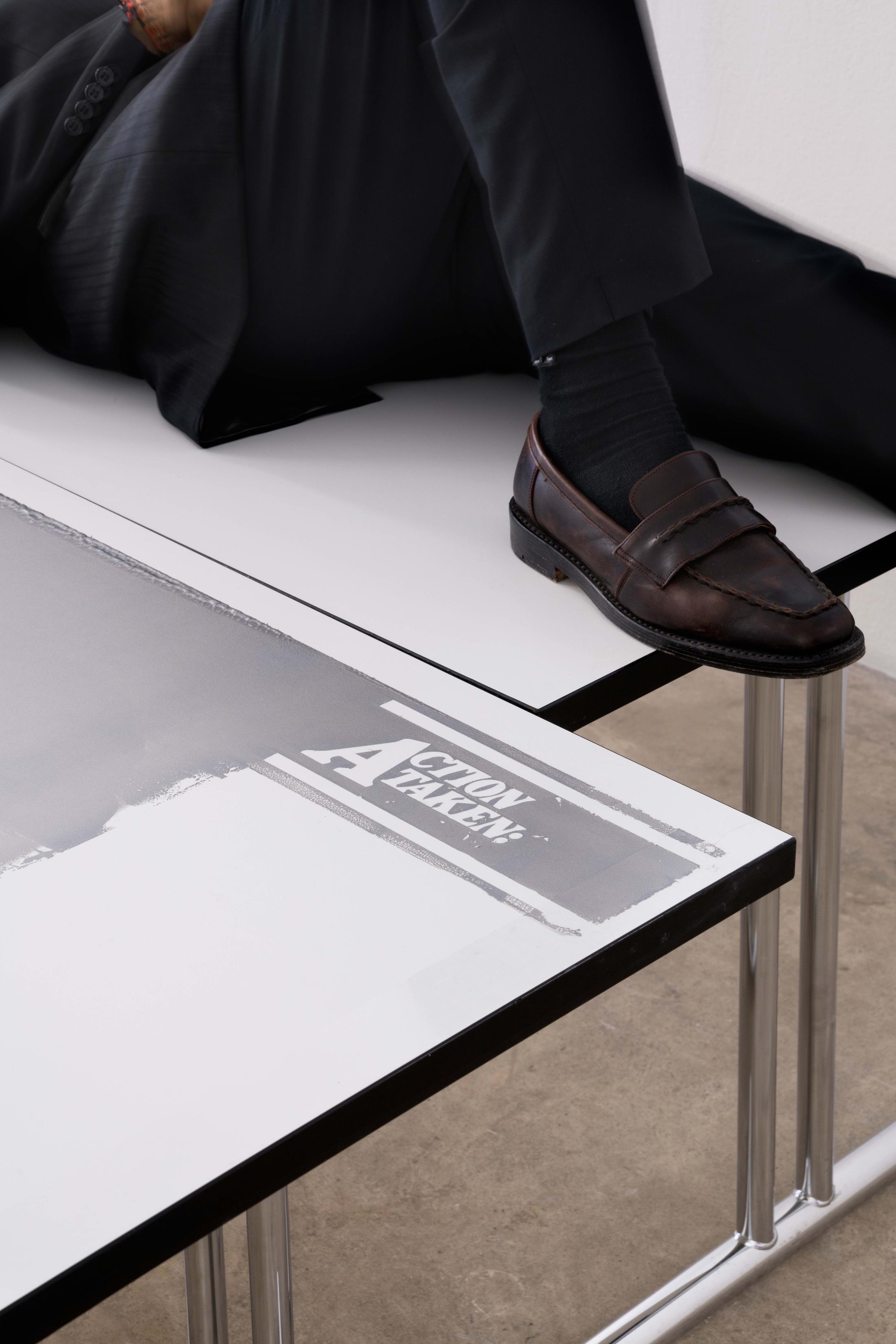 Exhibition View Groupshow «No Joke; view on Lorenza Longhi, Untitled (Tables), 2020 (detail)» at Milieu, Bern, 2020 / Photo: Claude Barrault / Courtesy: the artists and Milieu