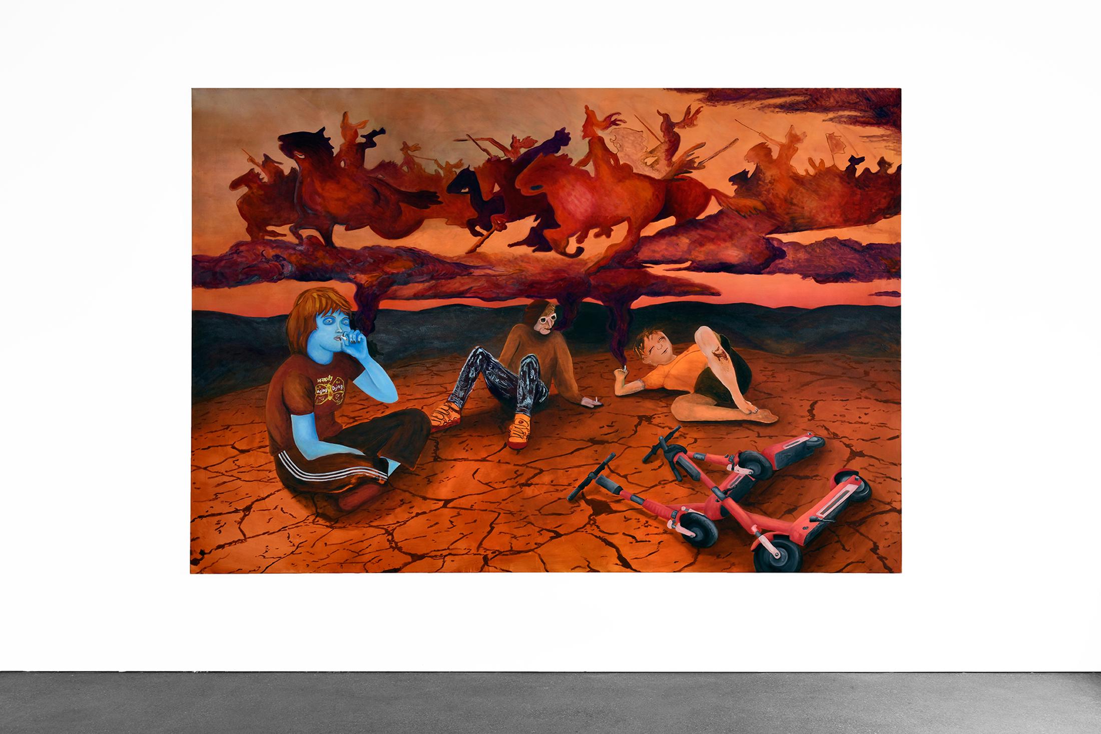 Exhibition View Noemi Pfister Solo Show «Happily Aging & Dying; view on Noemi Pfister, Happily Aging & Dying, Oil on Canvas, 2022, 210 x 310 cm» at Espace 3353, Carouge, 2022-2023 / Photo: Zoé Aubry / Courtesy: the artist and Espace 3353