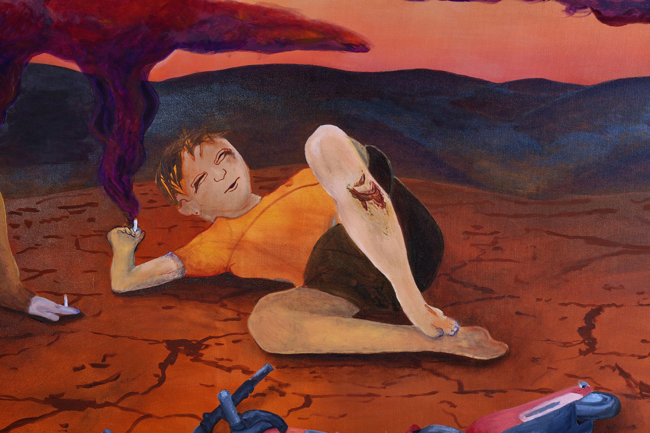 Exhibition View Noemi Pfister Solo Show «Happily Aging & Dying; view on Noemi Pfister, Happily Aging & Dying (Detail), Oil on Canvas, 2022, 210 x 310 cm» at Espace 3353, Carouge, 2022-2023 / Photo: Zoé Aubry / Courtesy: the artist and Espace 3353