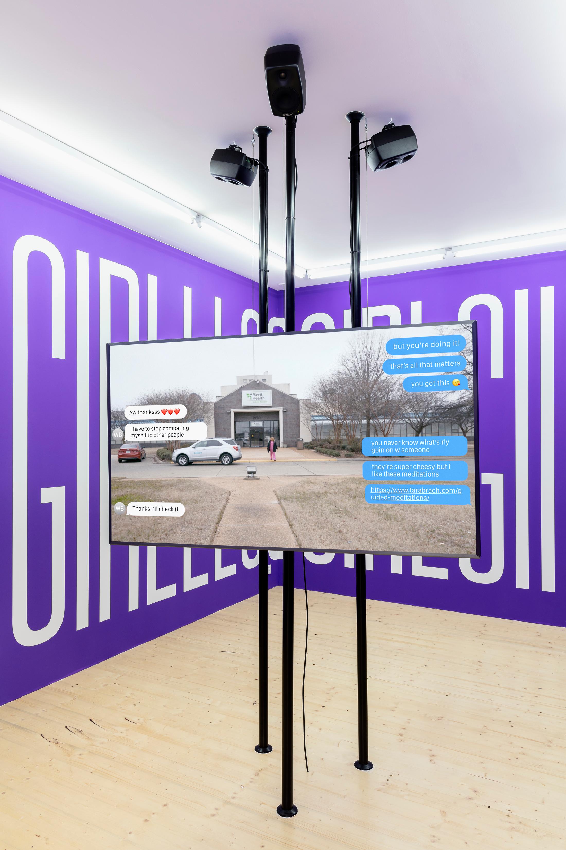 Exhibition View Groupshow «On Fire – Vulnerable Footage ; view on Martine Syms, Incense Sweaters & Ice (2017)» at SALTS, Birsefelden, Basel, 2019 / Photo: Gunnar Meier / Courtesy: the artist, Sadie Coles HQ, Basler Dokumentartage and SALTS